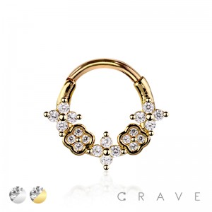 316L SURGICAL STEEL MULTI CZ CLOVER FLOWER SEPTUM HINGED SEGMENT HOOP RING